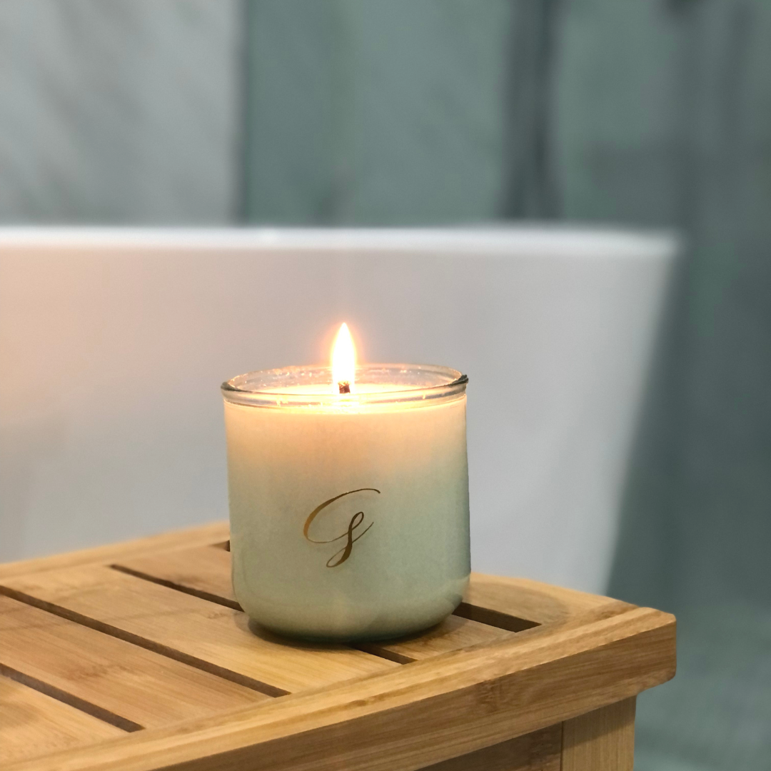 cotton blossom candle in spa like bathroom